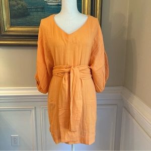 RHODE Arya Yellow Orange Cotton Gauze V Neck Dress with Sash Tie Belt